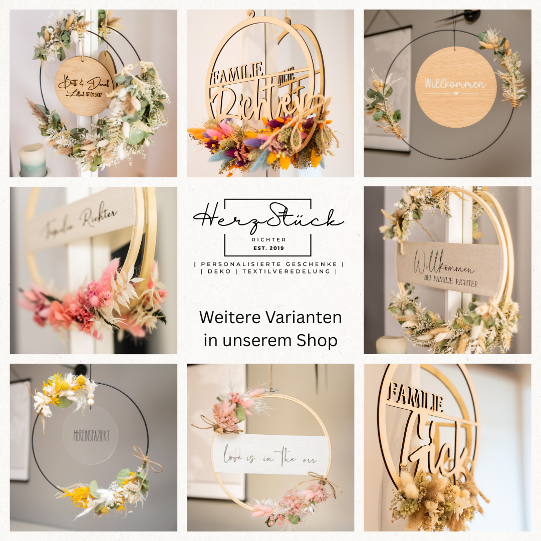 Personalisierter Türkranz aus Trockenblumen in den Farben natur-weiß-grün auf einem Bambusrahmen mit Leinenband, ideal als Geschenk zur Hochzeit, zum Geburtstag oder als Deko für Zuhause