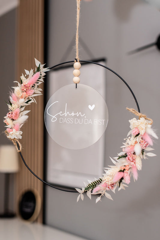 Personalisierter Trockenblumen-Türkranz mit Acrylschild in natur-weiß-rosa – Geschenkidee zum Muttertag, Einzug oder Hochzeit