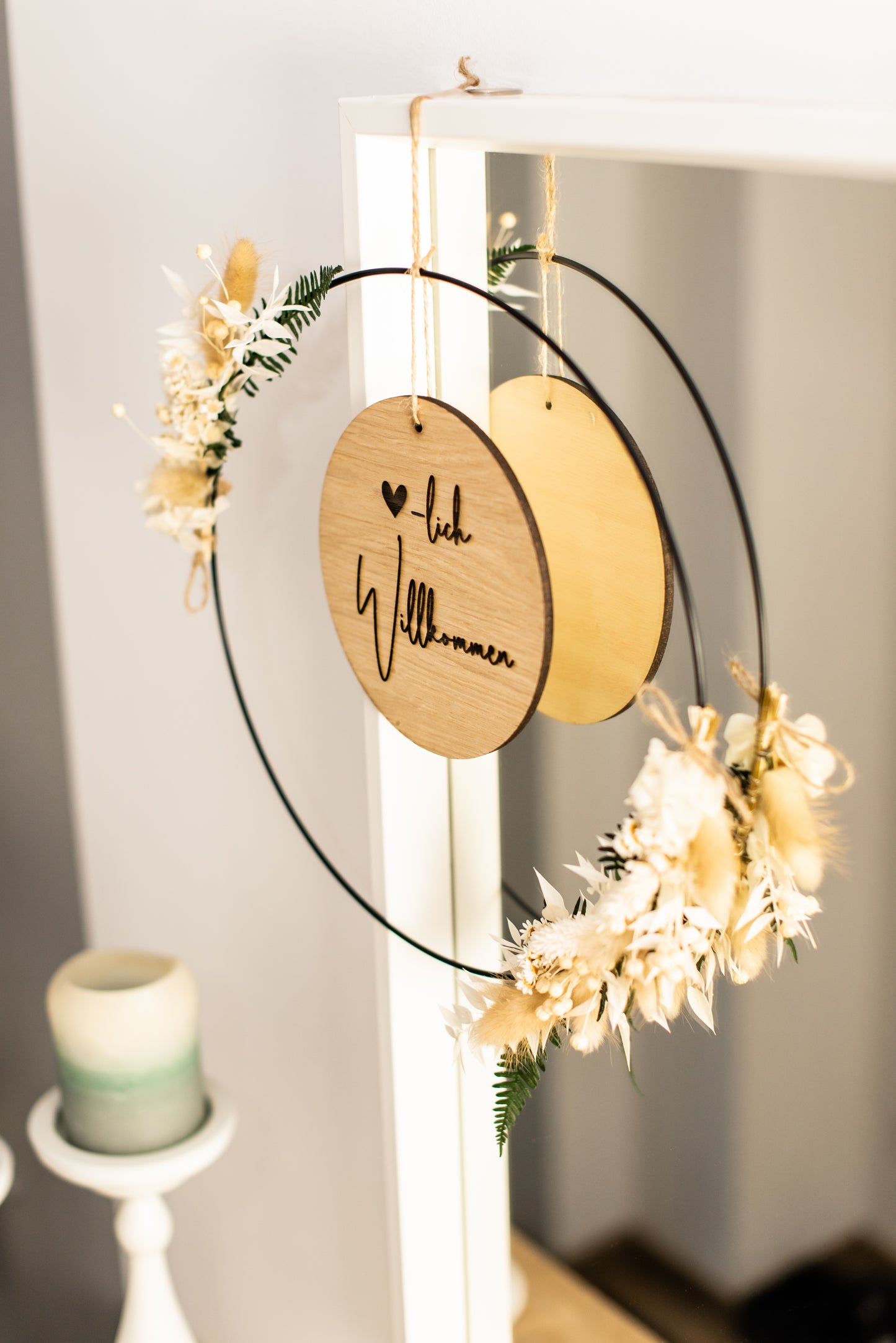 Unique metal-wood door wreath with dried flowers in natural-white-pink | personalized gifts | Wedding, Birthday, Mother's Day |