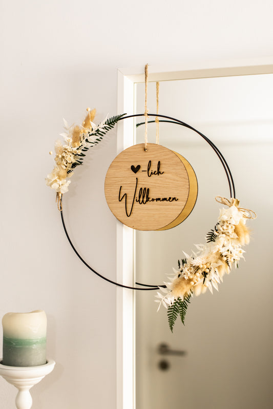 Unique metal-wood door wreath with dried flowers in natural-white-pink | personalized gifts | Wedding, Birthday, Mother's Day |