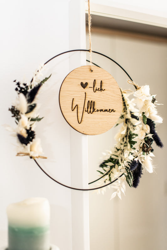 Unique metal-wood door wreath with dried flowers in natural-white-pink | personalized gifts | Wedding, Birthday, Mother's Day |