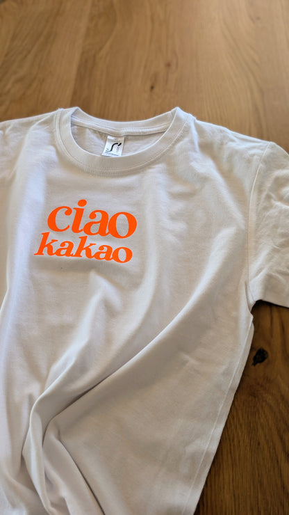 Sale - Kinder T-Shirt "ciao kakao", Gr. 134, weiß