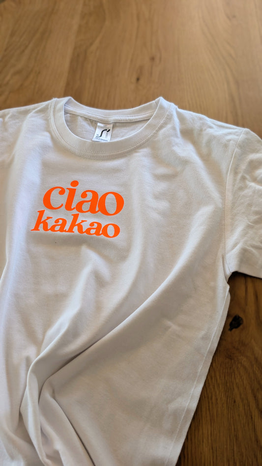 Sale - Kinder T-Shirt "ciao kakao", Gr. 134, weiß