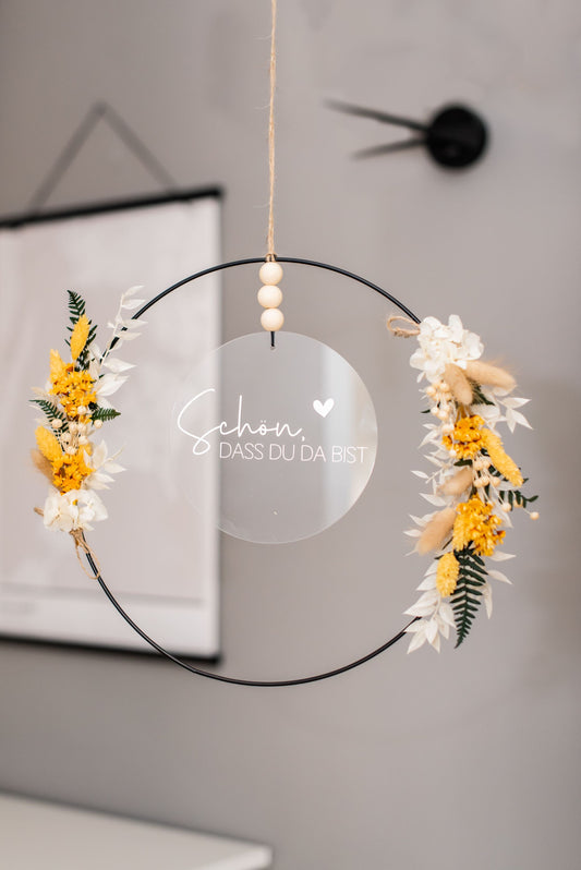 Unique metal-wood door wreath with dried flowers in natural-white-yellow | personalized gifts | Wedding, Birthday, Mother's Day |
