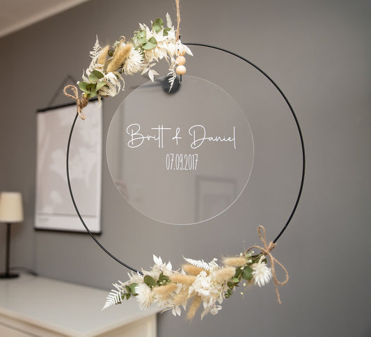 Unique metal-acrylic door wreath with dried flowers in natural-white-green | personalized gifts | Wedding, Birthday, Mother's Day |