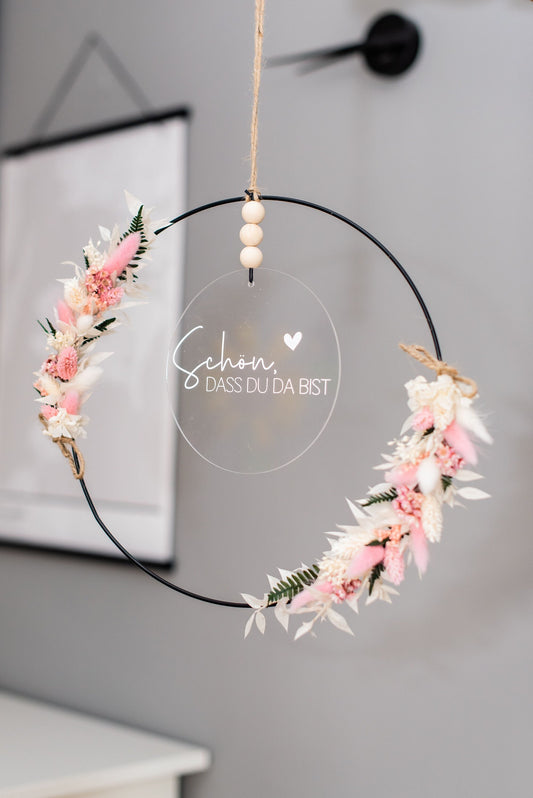 Unique metal-acrylic door wreath with dried flowers natural-white-pink | personalized gifts | Wedding, Birthday, Mother's Day |