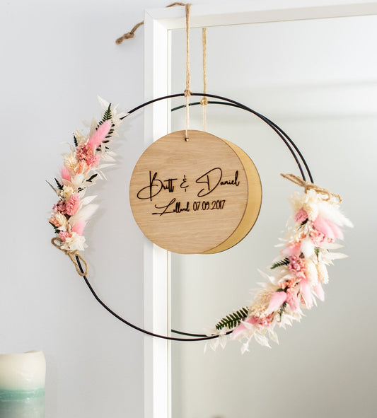 Unique metal-wood door wreath with dried flowers in natural-white-pink | personalized gifts | Wedding, Birthday, Mother's Day |